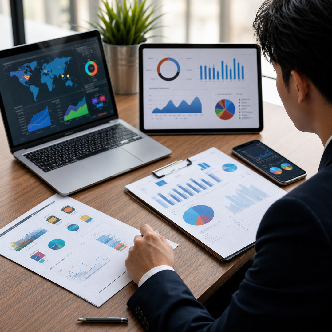 Marketing professional analyzing competitor research reports, SEO performance, website analytics, and digital marketing data to develop a competitive business strategy.