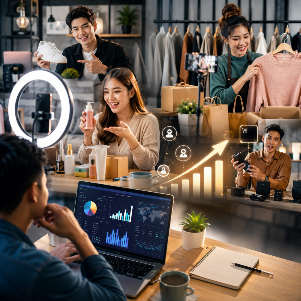 Affiliate marketing for TikTok growth featuring content creators promoting products through live streaming, short videos, and digital campaign analytics.