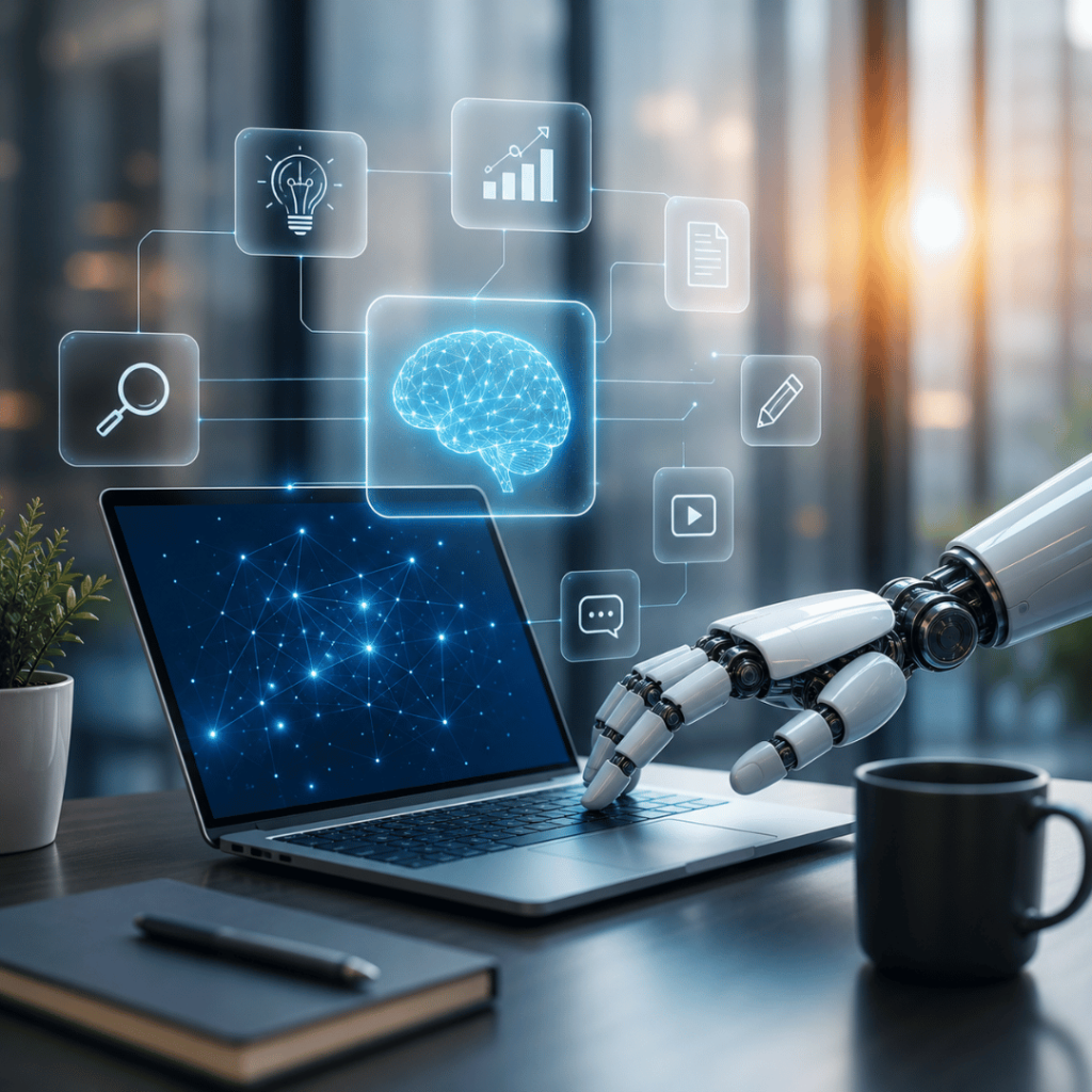 AI content creation for business using artificial intelligence to improve team productivity, content quality, and digital marketing performance.