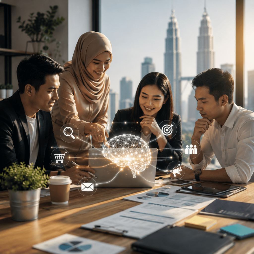 Business team using AI-powered digital marketing strategies to improve collaboration, analytics, and business growth in Malaysia.