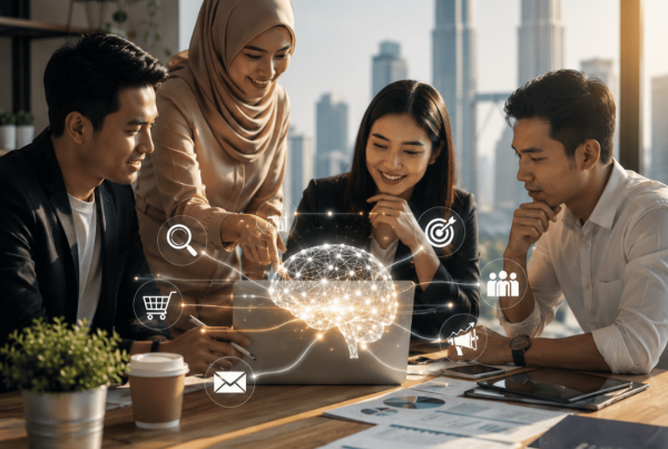 Business team using AI-powered digital marketing strategies to improve collaboration, analytics, and business growth in Malaysia.