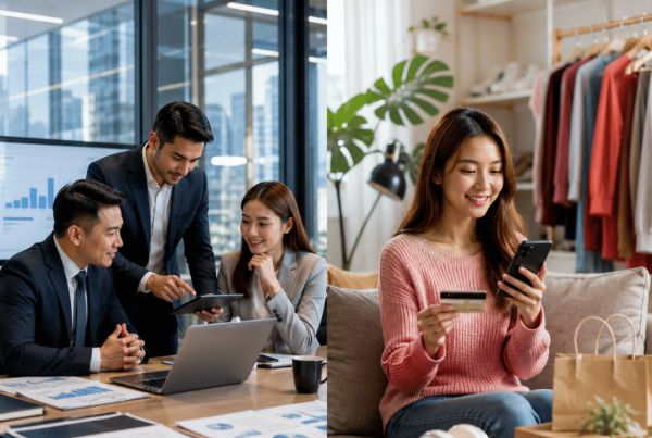 Business professionals collaborating in a modern office beside a consumer shopping online, illustrating the differences between B2B vs B2C marketing strategies.