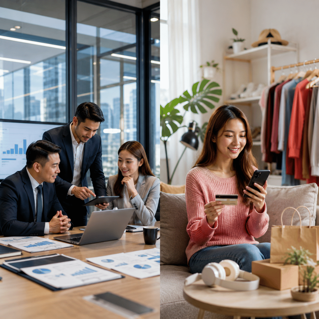 Business professionals collaborating in a modern office beside a consumer shopping online, illustrating the differences between B2B vs B2C marketing strategies.