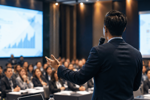 Professional business seminar with a corporate speaker presenting to an engaged audience during a modern conference, showcasing successful business seminar planning and corporate event management.