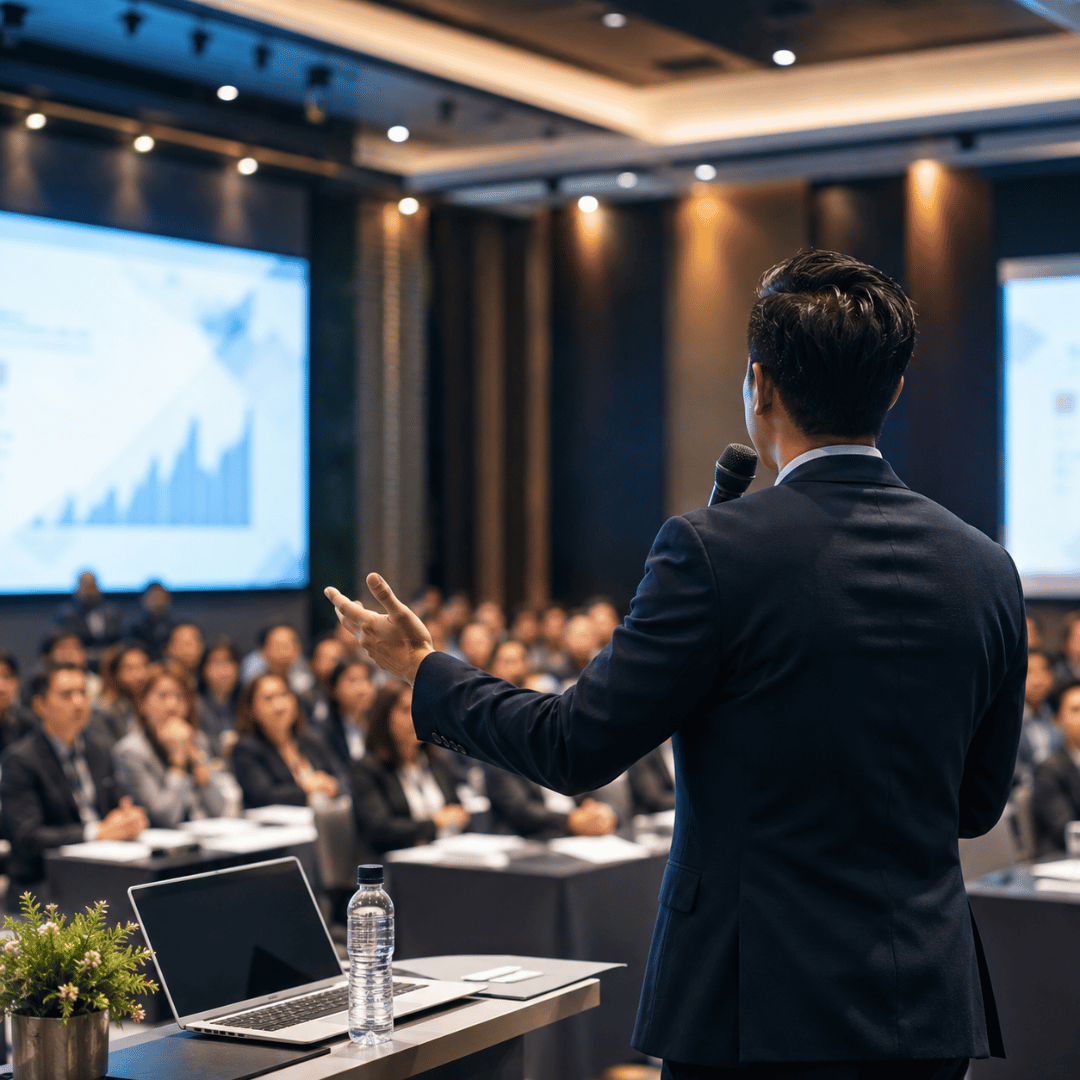 Professional business seminar with a corporate speaker presenting to an engaged audience during a modern conference, showcasing successful business seminar planning and corporate event management.