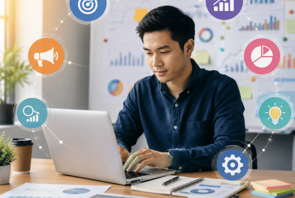 Professional campaign manager planning and managing a successful digital marketing campaign with analytics, strategy, performance tracking, and team collaboration in a modern office.