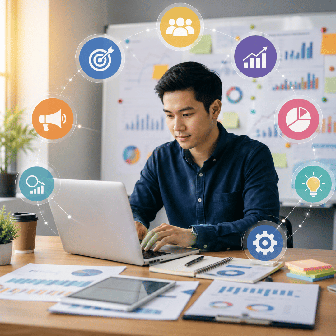 Professional campaign manager planning and managing a successful digital marketing campaign with analytics, strategy, performance tracking, and team collaboration in a modern office.