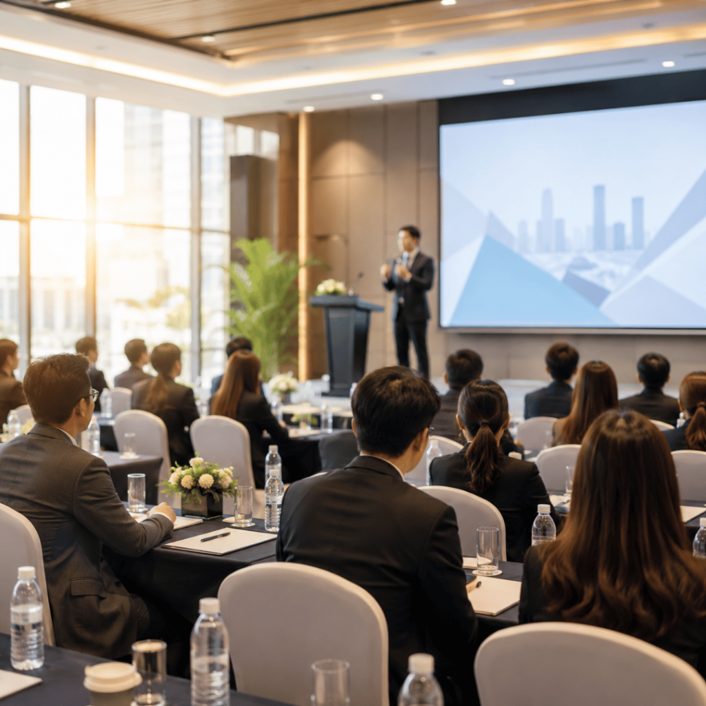 Professional corporate conference event planning with business executives attending a modern conference and keynote presentation in Malaysia.