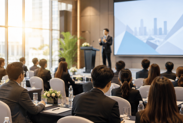 Professional corporate conference event planning with business executives attending a modern conference and keynote presentation in Malaysia.