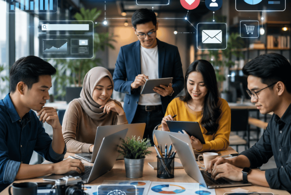 Employees collaborating in a modern workplace using AI, SEO, content marketing, analytics, and social media tools to build digital marketing skills in 2026.