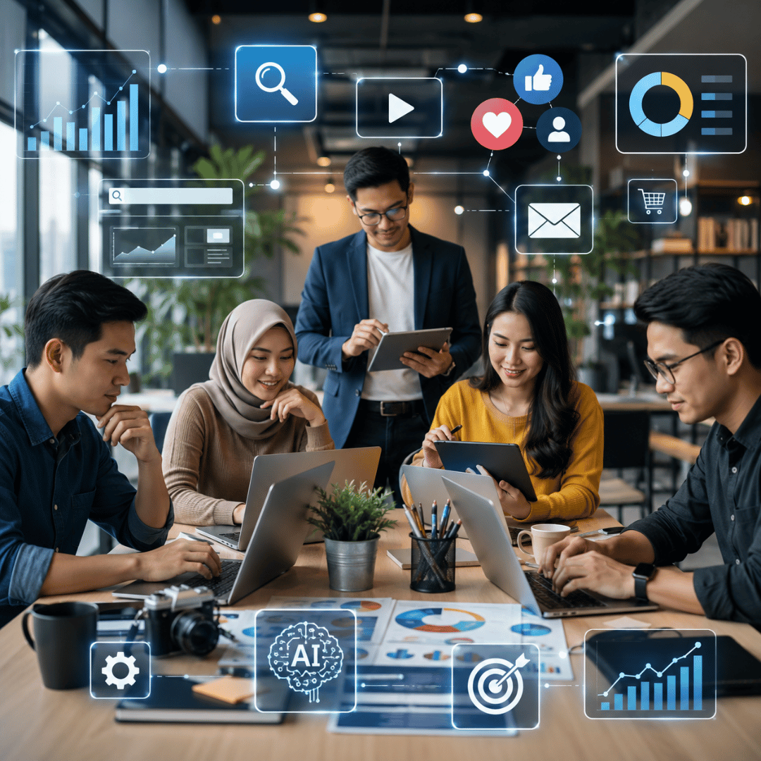 Employees collaborating in a modern workplace using AI, SEO, content marketing, analytics, and social media tools to build digital marketing skills in 2026.