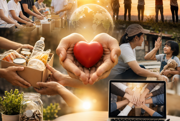 Volunteers organizing a donation drive campaign supported by digital marketing for NGO fundraising.