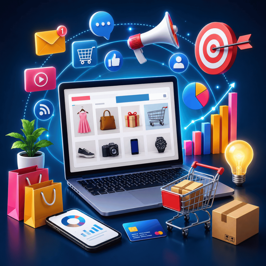 Modern e-commerce marketing workspace featuring an online store dashboard, shopping cart, digital analytics, social media, online advertising, and business growth elements representing successful e-commerce marketing strategies.