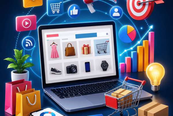 Modern e-commerce marketing workspace featuring an online store dashboard, shopping cart, digital analytics, social media, online advertising, and business growth elements representing successful e-commerce marketing strategies.