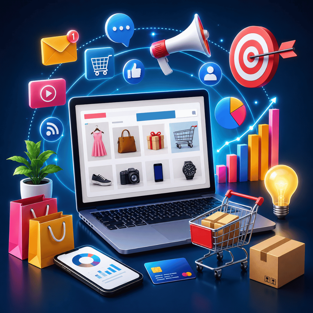Modern e-commerce marketing workspace featuring an online store dashboard, shopping cart, digital analytics, social media, online advertising, and business growth elements representing successful e-commerce marketing strategies.