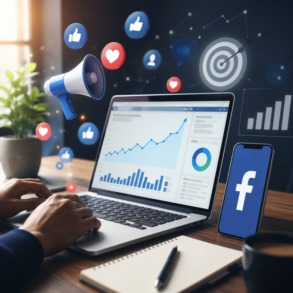 "Digital marketer analyzing Facebook Ads campaign performance and ROAS using analytics dashboard on laptop with social media marketing tools."