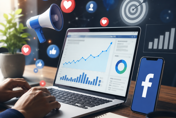 "Digital marketer analyzing Facebook Ads campaign performance and ROAS using analytics dashboard on laptop with social media marketing tools."