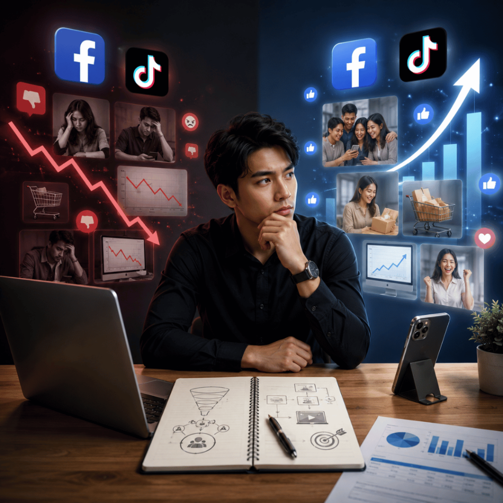 Business owner analysing Facebook Ads Malaysia and TikTok Ads Malaysia campaign performance with digital marketing analytics, lead generation strategy, and sales growth dashboard.