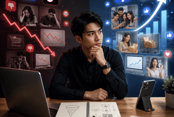 Business owner analysing Facebook Ads Malaysia and TikTok Ads Malaysia campaign performance with digital marketing analytics, lead generation strategy, and sales growth dashboard.