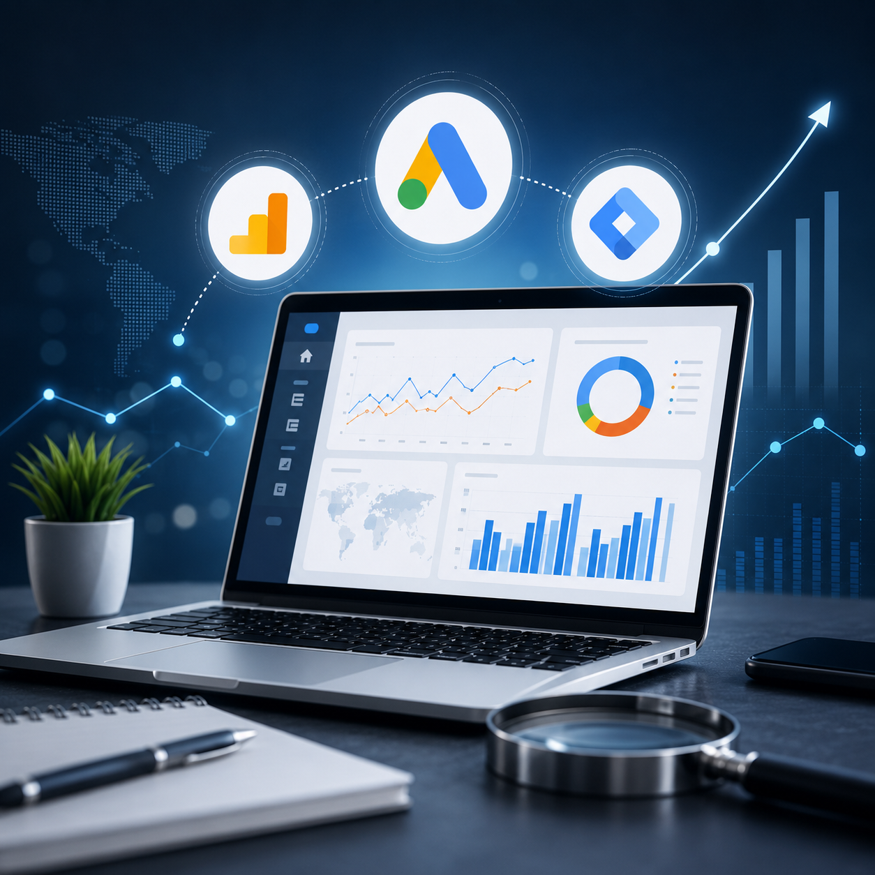 Google Ads and Google Analytics dashboard for tracking digital marketing performance and conversions.