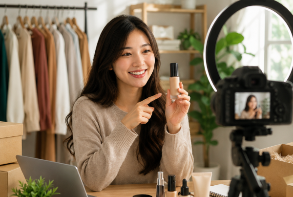 Influencer creator filming branded product content in a professional home studio for influencer, KOL, and affiliate marketing campaign.