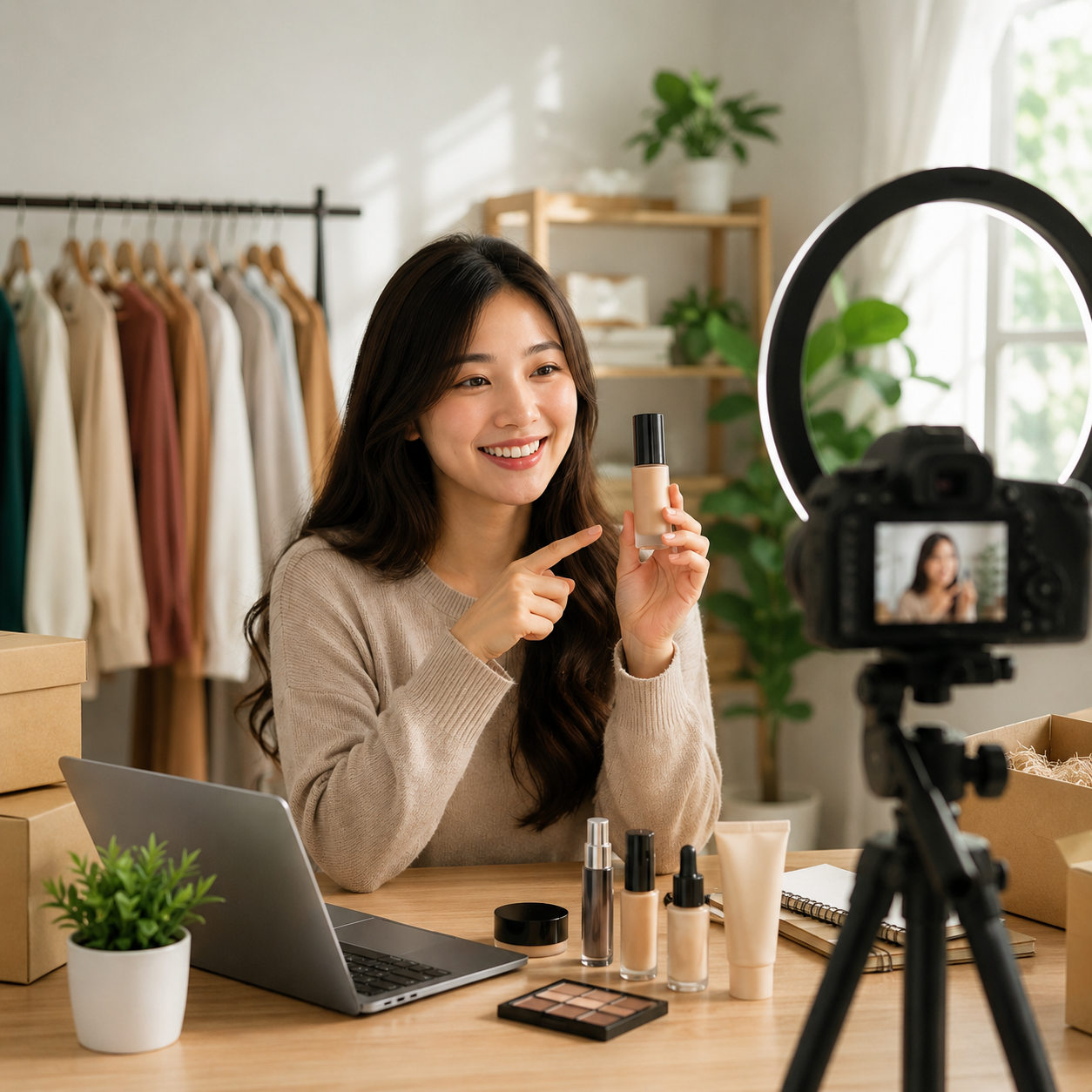Influencer creator filming branded product content in a professional home studio for influencer, KOL, and affiliate marketing campaign.