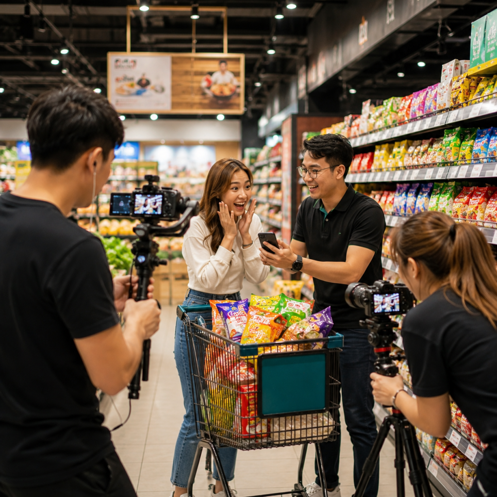 KNKV Group content production team filming an engaging Bataras TikTok marketing campaign inside a supermarket with real customer interactions.