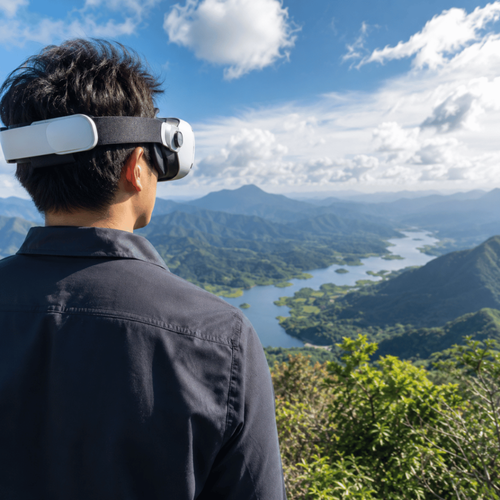 Realistic VR headset experience overlooking a panoramic mountain landscape for immersive 360° video production and brand marketing