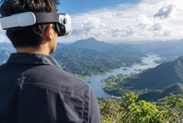Realistic VR headset experience overlooking a panoramic mountain landscape for immersive 360° video production and brand marketing