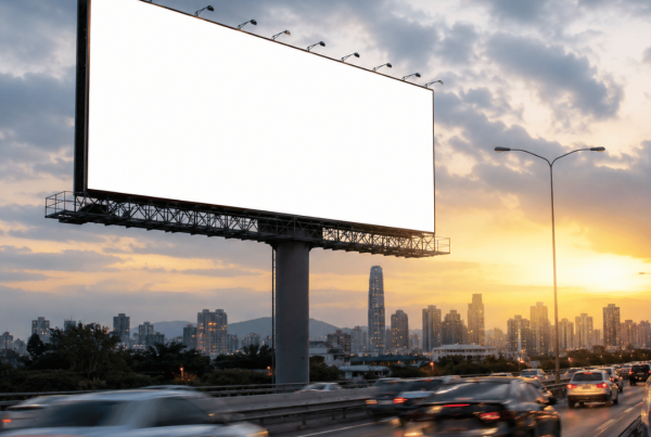 Realistic billboard advertising display overlooking a busy city highway at sunset, showing how outdoor advertising helps businesses reach a large audience.