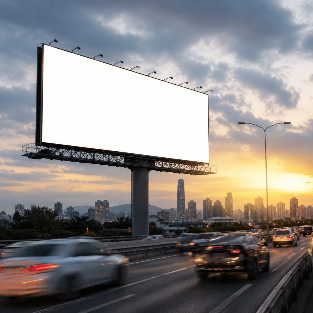 Realistic billboard advertising display overlooking a busy city highway at sunset, showing how outdoor advertising helps businesses reach a large audience.