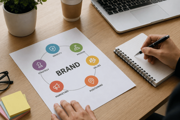 Business professionals developing a brand strategy with marketing planning, brand positioning, identity, and business growth concepts in a modern office.