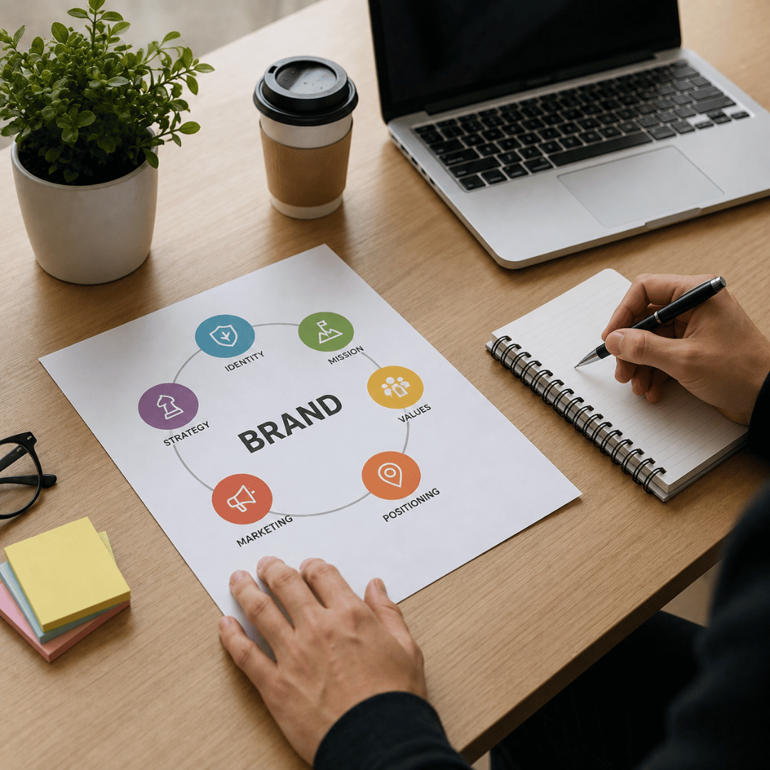 Business professionals developing a brand strategy with marketing planning, brand positioning, identity, and business growth concepts in a modern office.