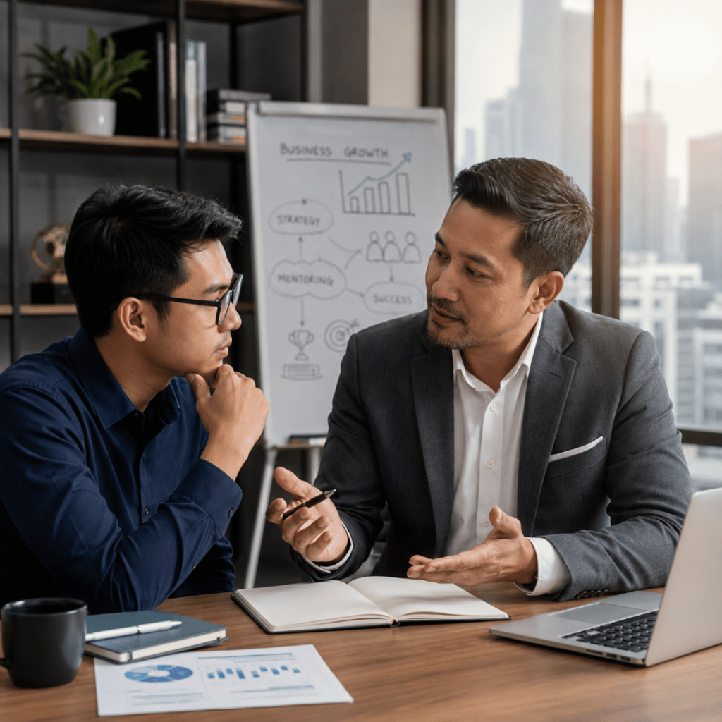 Business coach mentoring a business owner during a strategic growth planning session in a modern corporate office, representing sustainable business growth and leadership development.