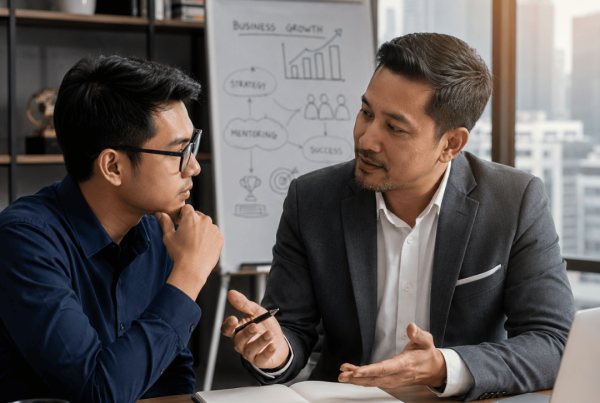 Business coach mentoring a business owner during a strategic growth planning session in a modern corporate office, representing sustainable business growth and leadership development.