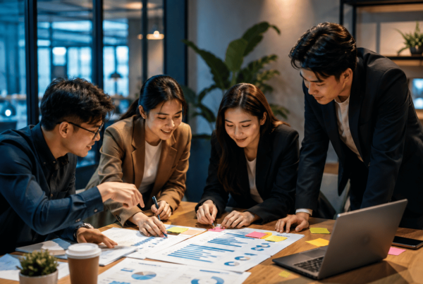 Business team choosing the right advertising agency through strategic marketing planning and campaign analysis