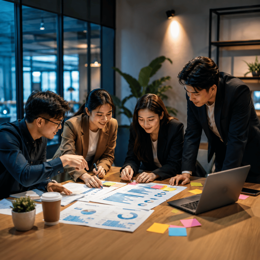 Business team choosing the right advertising agency through strategic marketing planning and campaign analysis