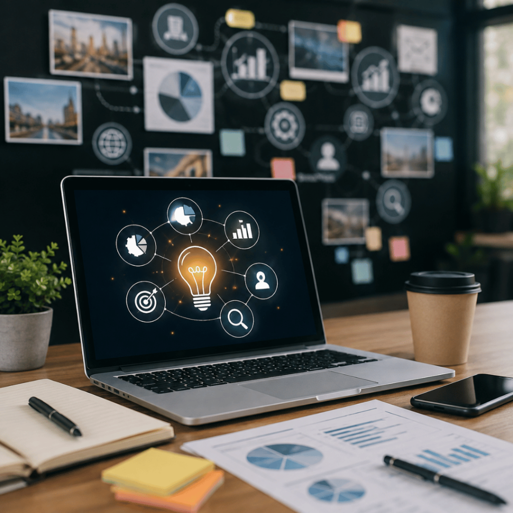 Professional digital marketing workspace illustrating a content marketing strategy for businesses in 2026 with analytics dashboard, SEO planning, content creation tools, and business growth concepts.