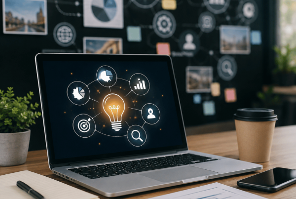 Professional digital marketing workspace illustrating a content marketing strategy for businesses in 2026 with analytics dashboard, SEO planning, content creation tools, and business growth concepts.