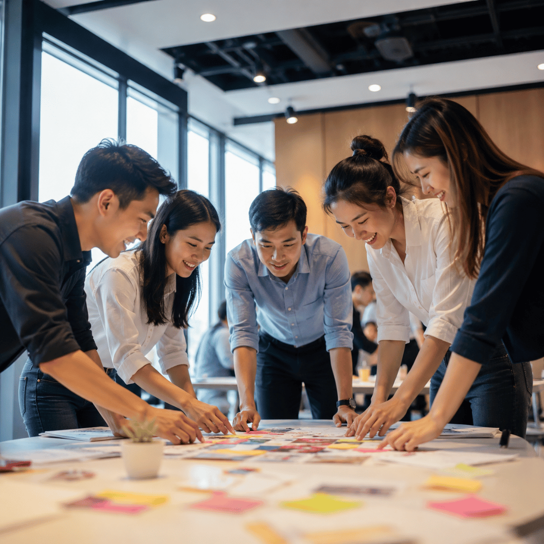 Corporate team participating in a collaborative team building activity to strengthen communication, teamwork and company culture.