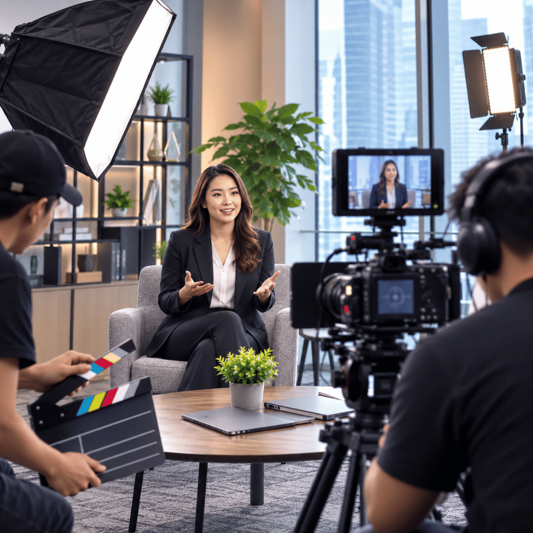 Professional corporate video production team filming a business interview in a modern office studio