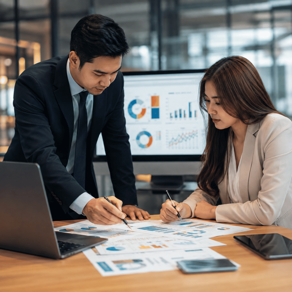 Business professionals analysing digital advertising campaign performance and marketing data in a modern office