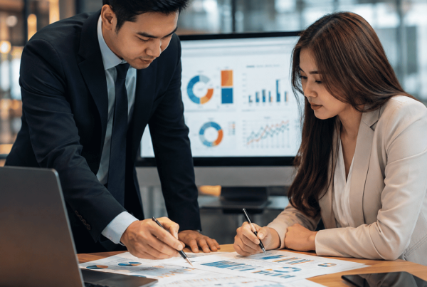 Business professionals analysing digital advertising campaign performance and marketing data in a modern office