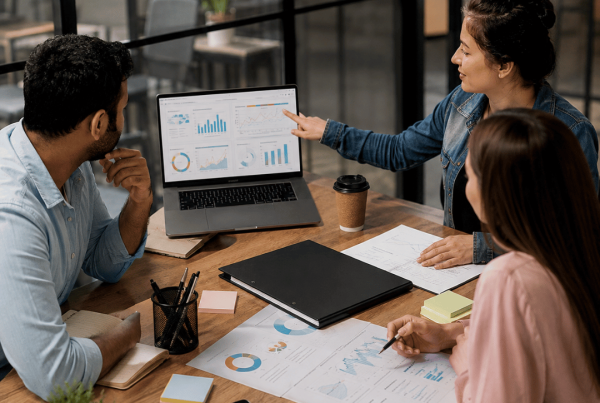 Digital marketing agency team analysing marketing data and strategies to generate leads and increase sales.