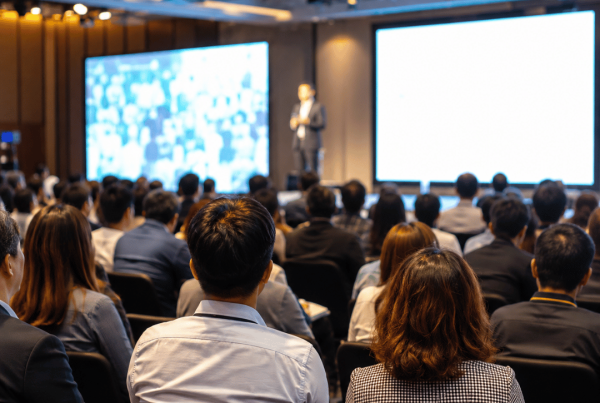 Professional business conference with audience attending a corporate event marketing presentation, showcasing successful event marketing strategies, networking, and brand engagement in a modern conference hall.