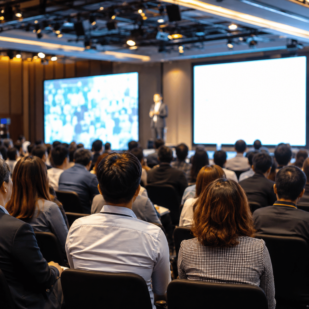 Professional business conference with audience attending a corporate event marketing presentation, showcasing successful event marketing strategies, networking, and brand engagement in a modern conference hall.