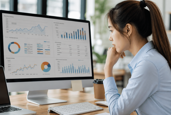 Digital marketing professional analysing PPC campaign performance and advertising analytics on a computer dashboard
