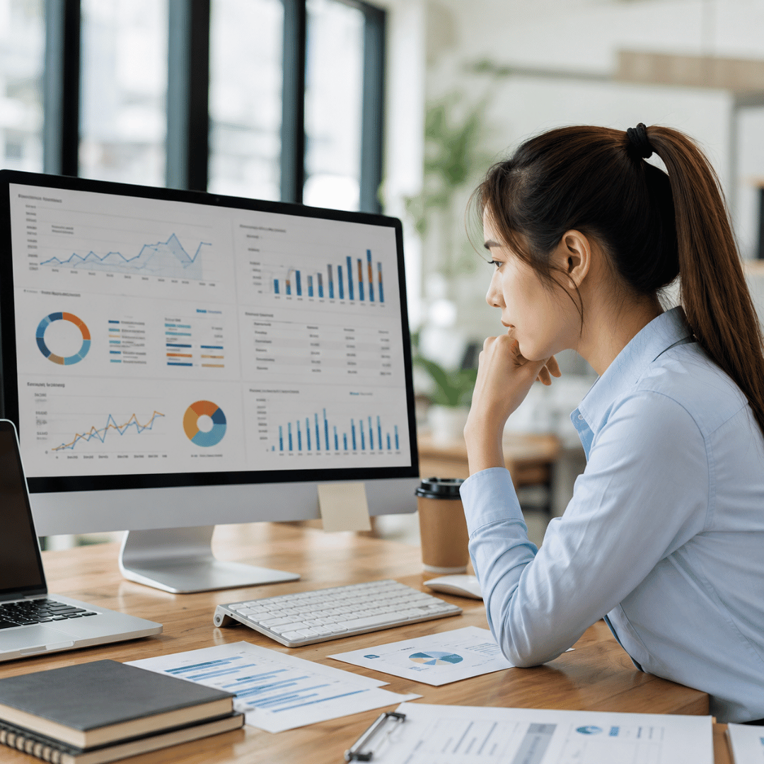 Digital marketing professional analysing PPC campaign performance and advertising analytics on a computer dashboard