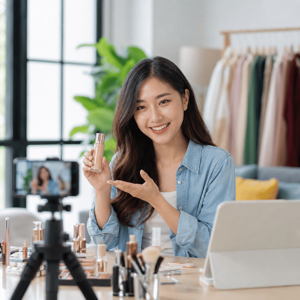 Young influencer creating beauty content for a brand using a smartphone camera in a home studio