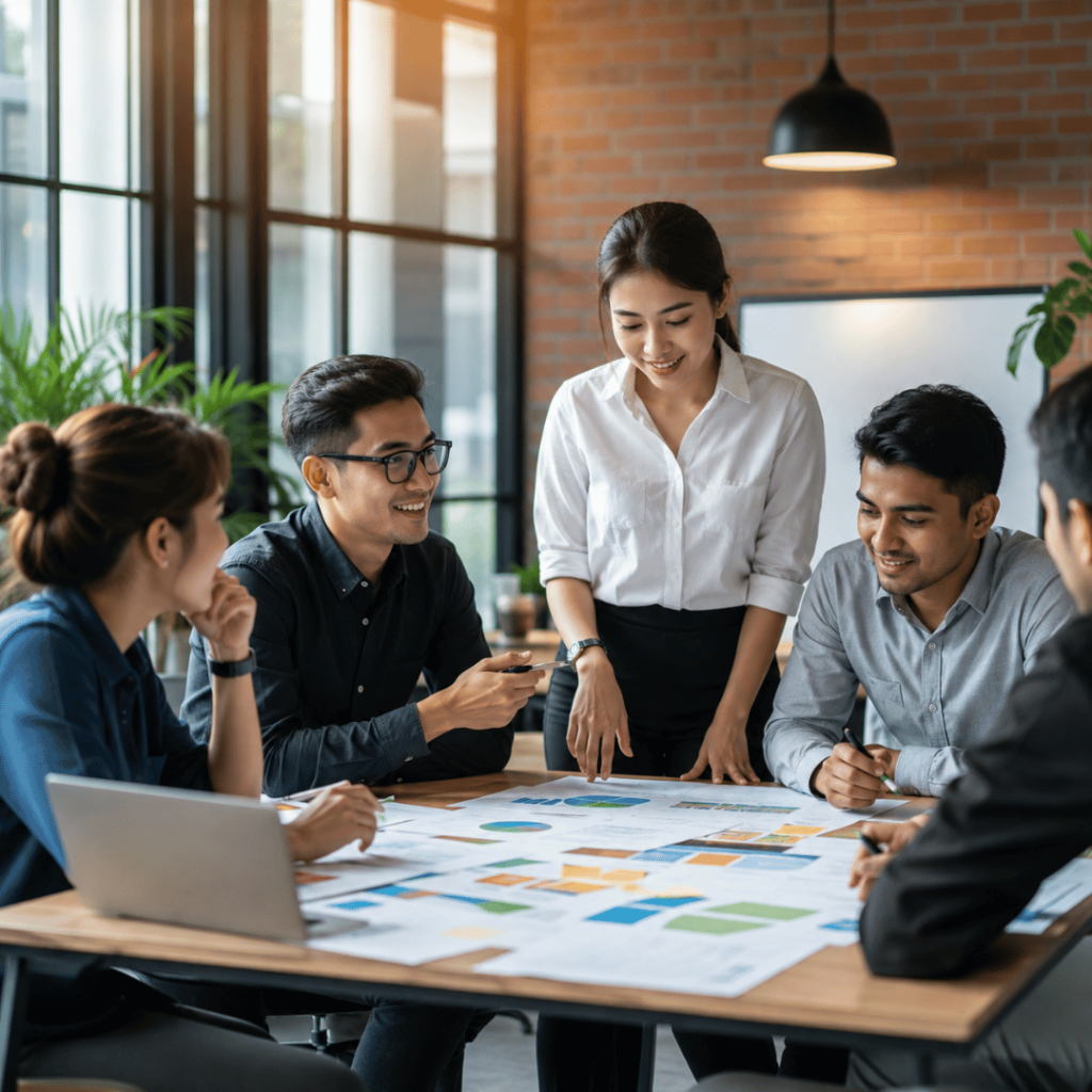Business team collaborating on an integrated marketing communications strategy